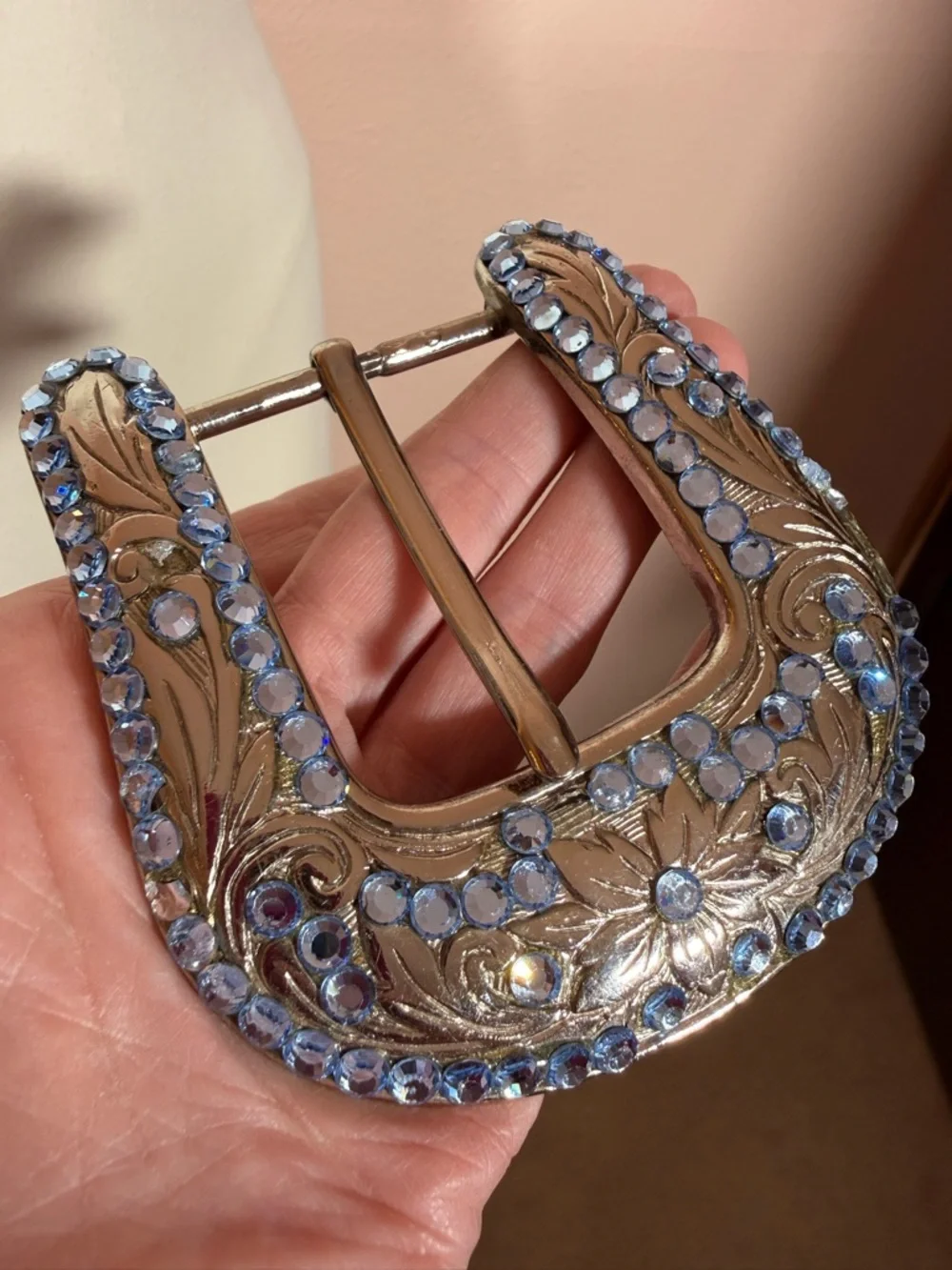 B.B. Simon Blue crystal Etched Silver Metal Oversized Western Belt Buckle